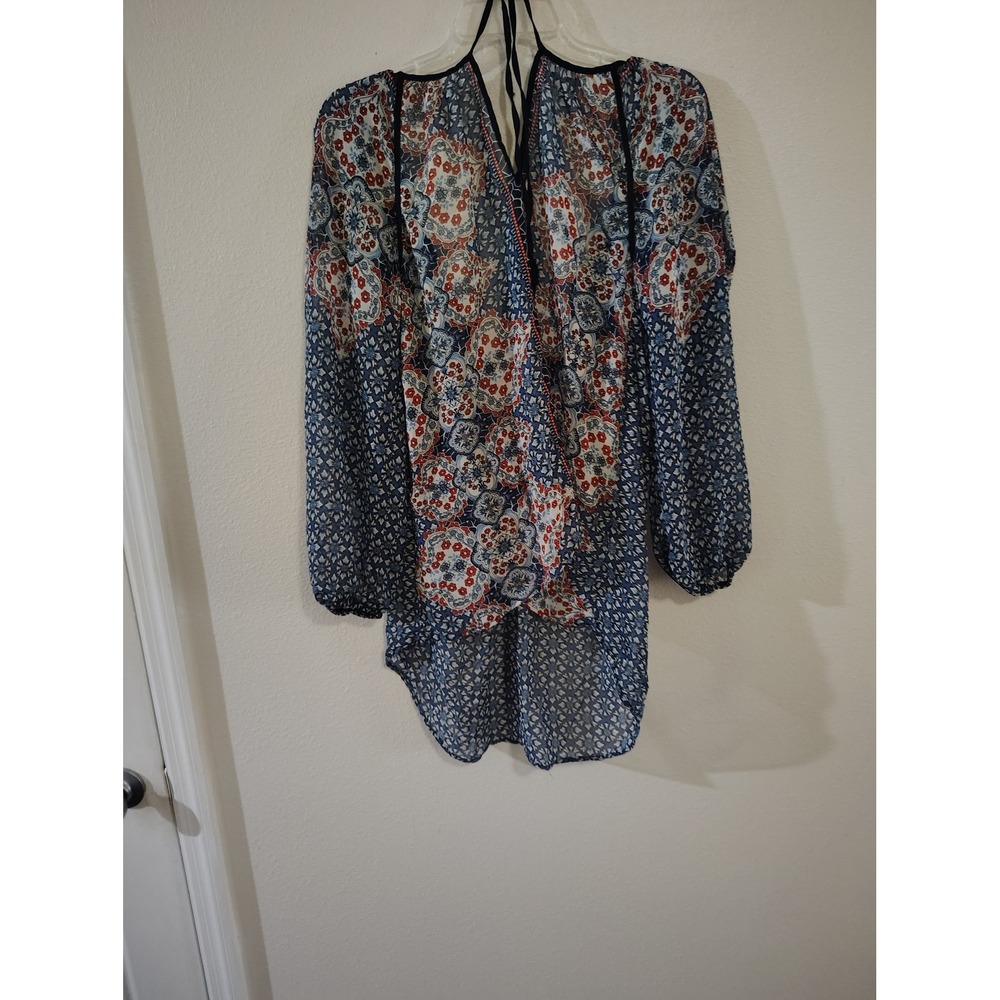 Illa Illa Womens Floral High Low Tunic Top Blue Red Sheer Boho Open Back Size S